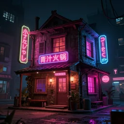 an atompunk house in a city, neon signs and lights, coloured, ultra detail, photo realistic, shadows, dynamic lighting, dramatic, atmospheric, by junji ito, trending on artstation, octane render, unreal engine 5