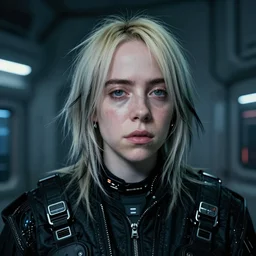 cinestill 5 0 d candid photographic portrait by stanley kubrick of billie eilish as an android wearing black techwear on a brutalist dystopian spaceship, extreme closeup, modern cyberpunk moody emotional cinematic, liminal overgrown god rays, 8 k, hd, high resolution, 3 5 mm, f / 3 2, ultra realistic faces, ex machina