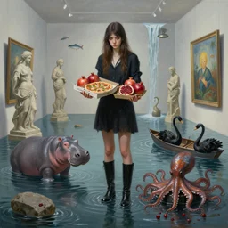 painting of a tall emo girl in a flooded art gallery, holding a vegan pizza box, a hippopotamus, pomegranates, octopus, metal sculpture, long black boots, flooded, stone sculptures, art on the walls, fish, zen, waterfall, black swans, canoe, berries, surrealist, by magritte and monet