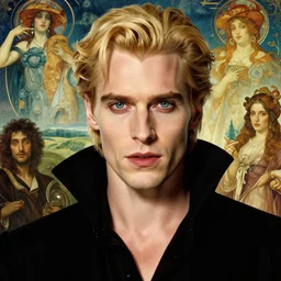 realistic detailed portrait movie shot of an elegant blond male vampire, sci fi landscape background by denis villeneuve, jean deville, amano, yves tanguy, alphonse mucha, max ernst, caravaggio, roger dean, masterpiece, rich moody colours, blue eyes