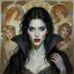 masterpiece painting of beautiful vampire girl by donato giancola, darius zawadzki and tom bagshaw, face by artgerm and edmund leighton, alphonse mucha, background by james jean and h. r. giger, 8 k, biomechanical horror, majestic, volumetric lighting, porcelain skin, french nouveau, trending on pixiv