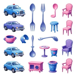 game asset of the sims star citizen vehicles utensils and furniture, in gouache detailed paintings, props, stylized, 2 d sprites, kitbash, arcane, overwatch, blue and pink color scheme, 8 k, close up