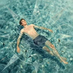 high angle picture of an elegant man relaxing in crystal waters, extremely beautiful and aesthetic and detailed, abstract geometey, with familiar sprites, chiaroscuro, intricate, masterpiece, fantasy illustrations by ilya kuvshinov and jeremy lipking and quentin mabille