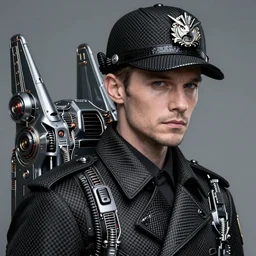 classy classy elegant sophisticated very up close portrait of a male policeman, pale skin, stubble, black carbon fibre windbreaker ， eagle's eyes ， huge metal mechanics flying jet backpack ， ryuichi sakamoto, ultra detailed wire decoration, fantasy art ， by nixeu and guweiz and ilya kuvshinov, sleek curves, intricate sharp focus