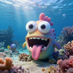 colorful cloudy deep sea under water with strange cute friendly happy creatures with huge eyes, mouth, long tongue and round teeth appearing from sandy coral, maya render, cinematic, realistic, high definition, 4 k, octane render