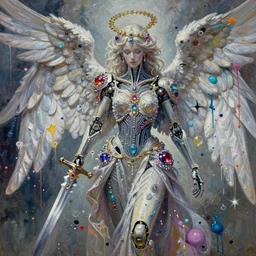 a cybernetic angel wielding a broken sword, acrylic paint, oil paint, tempera paint, gouache paint, wet paint, dripping paint, splatter paint, spray paint, puffy paint, circuitry, bejeweled, glitter, sparkly, in a symbolic and meaningful style, insanely detailed and intricate, hypermaximalist, elegant, ornate, hyper realistic, super detailed