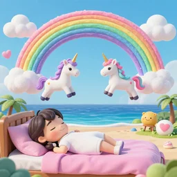 cotton candy rainbow unicorns flying above the ocean to happy slumber land