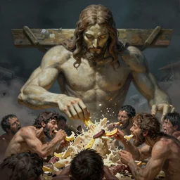 A giant Jesus christ like a titan eating humans,  matte fantasy painting, DeviantArt Artstation, by  Jen Zee and Tatsuya Yoshikawa  by Utsurowazaru Mono  by Tatsuya Yoshikawa  by Jen Zee, cinematic lighting