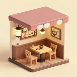 outside view of miniature classy ramen shop with table and chairs, studio ghibli style, hayao miyazaki drawings, clean, low poly art, detailed, isometric view, artstation, behance, global illumination, 3 d illustration, kawaii, pastel colors