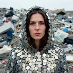 closeup portrait of a woman wearing a cloak made of cold coins and wire, standing in a landfill of garbage and junk, by Annie Leibovitz and Steve McCurry, natural light, detailed face, CANON Eos C300, ƒ1.8, 35mm, 8K, medium-format print