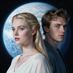 woman and man against the background of the planet mercury in blue and white