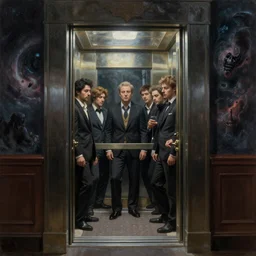 ultra - realistic painting gothic 1 9 2 0 s hotel elevator opening up to a horrifying cosmic sky, atmospheric lighting, gloomy, foreboding, by carl spitzweg, ismail inceoglu, vdragan bibin, hans thoma, greg rutkowski, alexandros pyromallis, perfect face, fine details, realistic shadeing