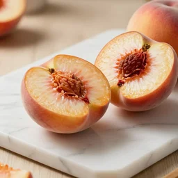 low angle extreme close up side view in a kitchen of a peach cut in half on a marble cutting board. warm studio lighting, structured, 8 k, 4 k, high quality