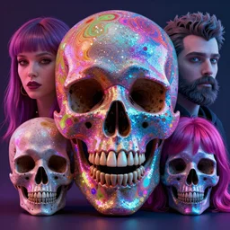 beautiful matte painting of psychedelic glittering skull by dan mumford and alex gray and lisa frank, octane render, HDR, vivid color, volumetric lighting,  unreal engine, CGsociety