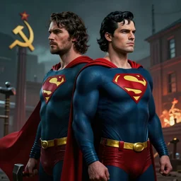 stalin as superman red son, double identity, socialist realism, sovietwave aesthetic, soviet nostalgia, hammer and sickles, solitude, groundbreaking, award winning, breathtaking, superb, hyperrealistic, detailed picture, intricate digital art, trending artstation, 8 k, unreal 5, octane render, vfx, volumetric lighting, rich moody colors, fan art, concept art, by mark millar