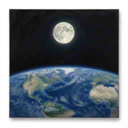 achingly beautiful painting of the moon rising over earth from outer space by rene magritte, monet, and turner.