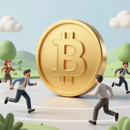 landscape of people running from a crypto coin very scared, digital art, artstation