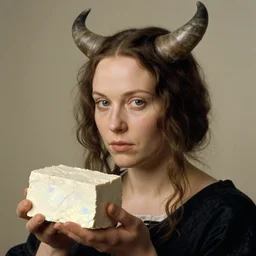 a closeup portrait of a horned woman, holding up a block of iridescent tofu, tofu block, tofu cubes, by jan van eyck