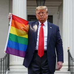 Donald Trump wearing a dress and holding a pride flag