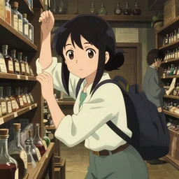 anime visual, portrait of a young female traveler in a alchemist's potion shop interior shopping, low light, cute face by ilya kuvshinov, yoh yoshinari, makoto shinkai, katsura masakazu, dynamic pose, dynamic perspective, cel shaded, flat shading mucha, crisp and sharp, rounded eyes, moody, detailed facial features