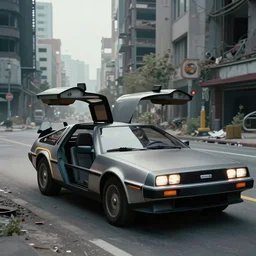 movie still, delorean doors is open, with a sleek spoiler, driving down the streets of a cyberpunk abandoned city, by greg rutkowski, by stanley artgerm, by alphonse mucha