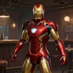 hyper detailed ultra sharp full body matte character portrait of a woman in iron man armor standing in a destroyed dive bar doing an action pose, realistically proportioned face, photorealistic eyes, cinematic lighting, good value control, smooth, realistic shading, realistic face details, smooth, highly detailed, digital painting, painted texture maps, illustration, substance painter