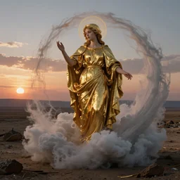 golden and shiny female saint inside a whirlpool of clouds. sunset light. barren land beneath. apocalyptic. rembrandt style
