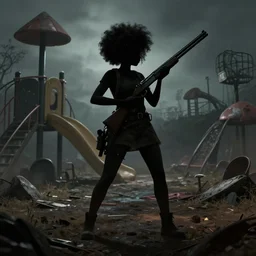 a dynamic long shot portrait of the silhouette of a black girl with an afro and a shotgun at a post apocalyptic playground, by simon stalenhag, dark and ominous, digital illustration, behance, rendered in unreal engine 5, rim lighting, ray tracing, 8 k, hd