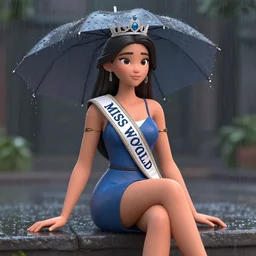 miss of the world sitting in the rain, 3 d, intricate details, artwork by conrad roset, smooth gradients, octane render, 8 k, volumetric lightning, high contrast, depth of field, coherent face