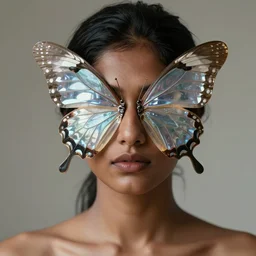 a brown south asian woman wearing a butterfly armor. eyes covered with butterfly wings. fragile. translucent. layers. reflective. intricate. super detailed. very coherent. face in focus. award winning. extremely photorealistic