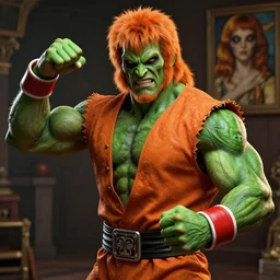 chris farley as blanka from street fighter with green skin and orange body hair, flexing, ultra realistic, concept art, intricate details, eerie, highly detailed, photorealistic, octane render, 8 k, unreal engine. art by artgerm and greg rutkowski and magali villeneuve and alphonse mucha