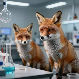 ultra realistic 8k octane photo, fox animals conducting experiments in a chemistry lab