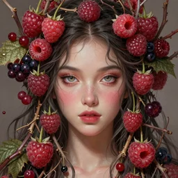 digital painting raspberry goddess, with twigs and berries, wonderful eyes, symmetrical, fantasy, highly detailed, realistic, complex, fantasy, over - detailed, elegant, complex, dynamic lighting, hyperrealism, digital art, digital painting, artstation, wlop, clear focus, illustrations by filipe pagliuso and justin gerard