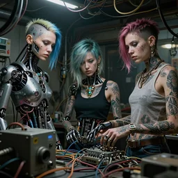 cyberpunk androids with piercings, dyed hair, tattoos. in dingy apartment. wires, cables machine, intricate. detailed. cinematic. sharp focus. octane. by stalenhag. kilian eng. mucha. alex gray. bibin. wlop