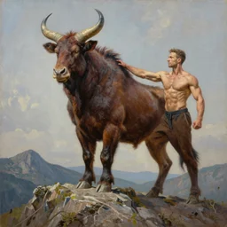 hyperrealistic oil painting of a minotaur fitness instructor on a mountain top, detailed, by rembrandt van rijn, anato finnstark!!, 8 k resolution, beautiful lighting, studio light, extremely detailed, establishing shot, realistic materials, hyperrealistic