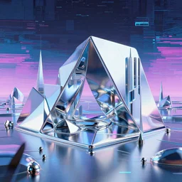 soft clean chrome geometric landscape, cyberpunk, cinematic, retrofuturism, sci - fi, hyper realism, vaporwave aesthetic, extremely detailed, intricate, pixel sorting, glitch art, digital art