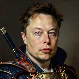 Baroque painting of a Elon Musk as a samurai, inspired by Gustav Moreau and Wayne Barlowe, exquisite detail, hyper realism, ornate, exquisite detail, cute face