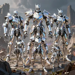 squad of giant shining - prismatic silver robot knights!, on battlefield, ruined city environment, render, ray tracing, chromatic aberration, jakub rozalski art style, artstation,