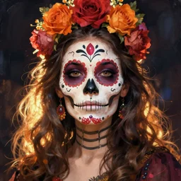 Illustration of a sugar skull day of the dead girl, art by gustave baumann