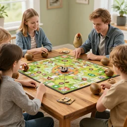 photo of a kiwis kiwi birds kiwi kiwis sitting around a wooden rectangular table playing a board game