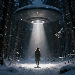 girl in dark snowy forest surrounded by a beam of light shooting down around her from a large UFO above, high quality, realistic, cinematic