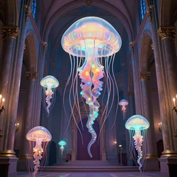 terrifying glowing entities made of soft translucent plastic and glowing jellyfish with long tangled tentacles in an ornate rococo cathedral, colorful modern style by Marc Quinn, Artstation
