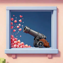 shooting candy through a house window with a canon, realistic pixel sorting