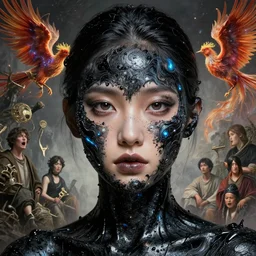 girl covered by black oil, fine - face, audrey plaza, realistic shaded perfect face, fine details, intricate lights, phoenix, bio luminescent, plasma, by ruan jia and artgerm and range murata and wlop and ross tran and william - adolphe bouguereau and beeple. key art. fantasy illustration. award winning, artstation, intricate details,