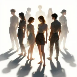 multiple close interacting human figures, concept art, illustration, transparency, sss, occlusion, high contrast, very long shadows, on white
