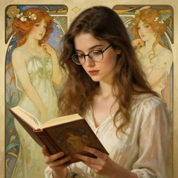 a beautiful woman wearing glasses reading a book, art by josan gonzalez and jamie hewlett and alphonse mucha