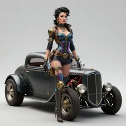 an intricately detailed ultra - realistic unreal engine 5 rendering of a full body front pose portrait of steampunk cyberpunk neon - bordered betty page pin - up with a futuristic hot rod coupe, concept art, intricate details, eerie, highly detailed, photorealistic, octane render, 8 k uhd art by kilian eng