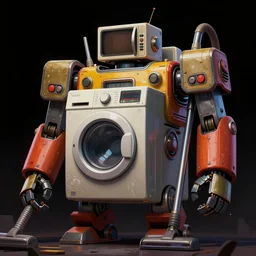 retrofuture illustration of giant robot monster from trash household appliances. washing machine as part of the robot body. microwave as robot head. robot hands from vacuum cleaner hoses. rich colors, high contrast, gloomy atmosphere, black background. trending on artstation. unreal engine. octane render