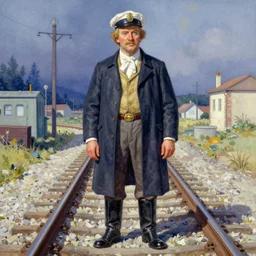 a oil / watercolor painting full body character portrait of a railroad astronomer in the style of moebius in the style of leonard boyarsky trending on artstation deviantart pinterest detailed realistic hd 8 k high resolution