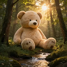 giant fluffy teddy bear, sun - rays through canopy, gentle sparkling forest stream, sundown golden hour firefly wisps, focal length : 2 0 0. 0 mm, steve hanks, charlie bowater, mark brooks, steve henderson, justin gerard, mark keathley, victor nizovtsev, tom bagshaw, krenz cushart, ross tran